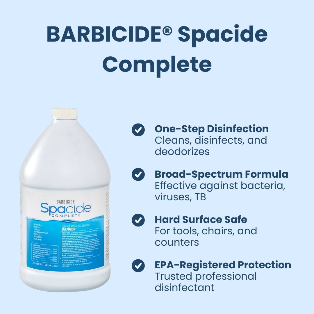 BARBICIDE Spacide Complete disinfectant highlighting one-step cleaning and broad-spectrum surface protection